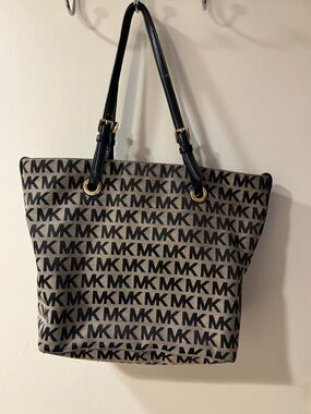 Michael Kors Tan and Black MK Logo Canvas Tote
